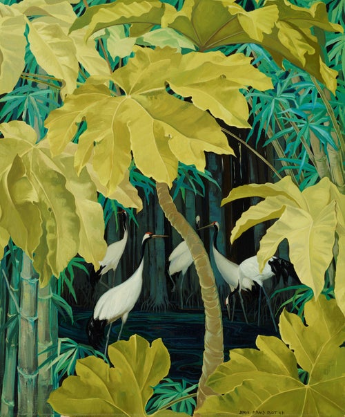 "Leaf Pattern" Jessie Arms Botke, Yellow Leaves, Bamboo Forest, Sandhill Cranes